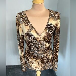 Cache Faux Wrap Long Sleeve Stretch Blouse Animal Paisley Print
